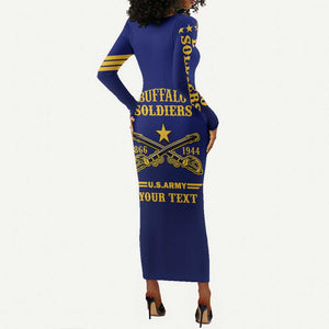 Personalized Afro Buffalo Soldiers Long Sleeve Bodycon Dress BSMC United States Army Blue