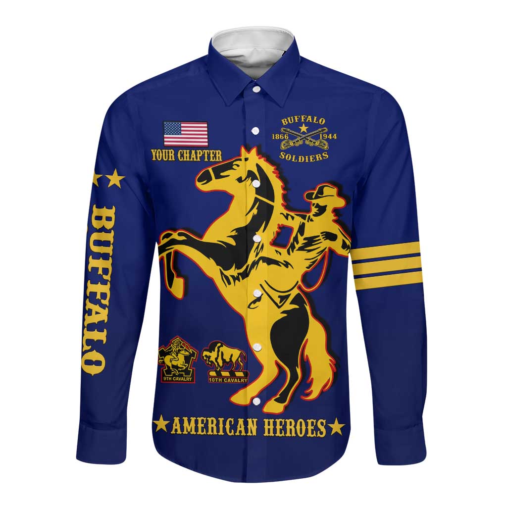 Personalized Afro Buffalo Soldiers Long Sleeve Button Shirt BSMC United States Army Blue