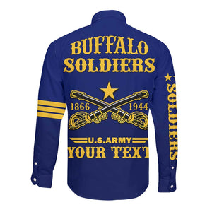 Personalized Afro Buffalo Soldiers Long Sleeve Button Shirt BSMC United States Army Blue