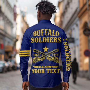 Personalized Afro Buffalo Soldiers Long Sleeve Button Shirt BSMC United States Army Blue