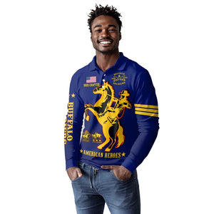 Personalized Afro Buffalo Soldiers Long Sleeve Polo Shirt BSMC United States Army Blue