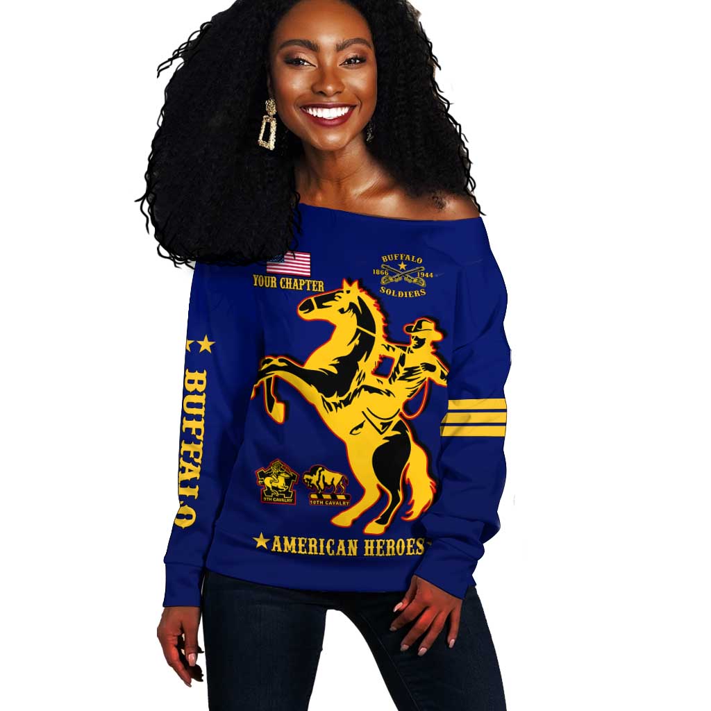 Personalized Afro Buffalo Soldiers Off Shoulder Sweater BSMC United States Army Blue