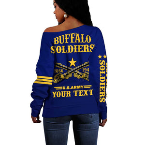 Personalized Afro Buffalo Soldiers Off Shoulder Sweater BSMC United States Army Blue