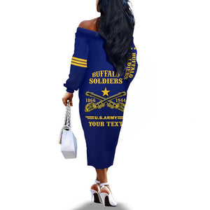 Personalized Afro Buffalo Soldiers Off The Shoulder Long Sleeve Dress BSMC United States Army Blue