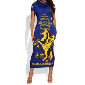 Personalized Afro Buffalo Soldiers Short Sleeve Bodycon Dress BSMC United States Army Blue