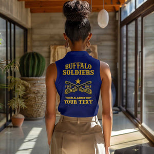 Personalized Afro Buffalo Soldiers Women Sleeveless Polo Shirt BSMC United States Army Blue