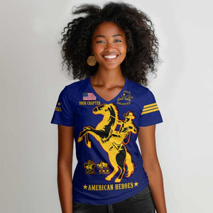 Personalized Afro Buffalo Soldiers Women V-Neck T-Shirt BSMC United States Army Blue