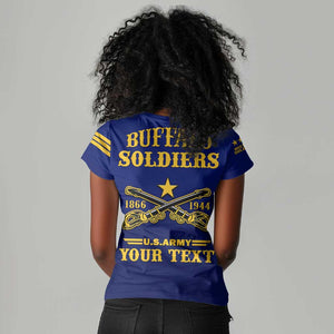 Personalized Afro Buffalo Soldiers Women V-Neck T-Shirt BSMC United States Army Blue