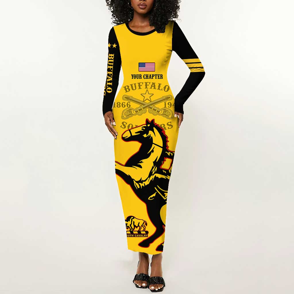 Personalized Afro Buffalo Soldiers Long Sleeve Bodycon Dress BSMC United States Army Yellow LT14
