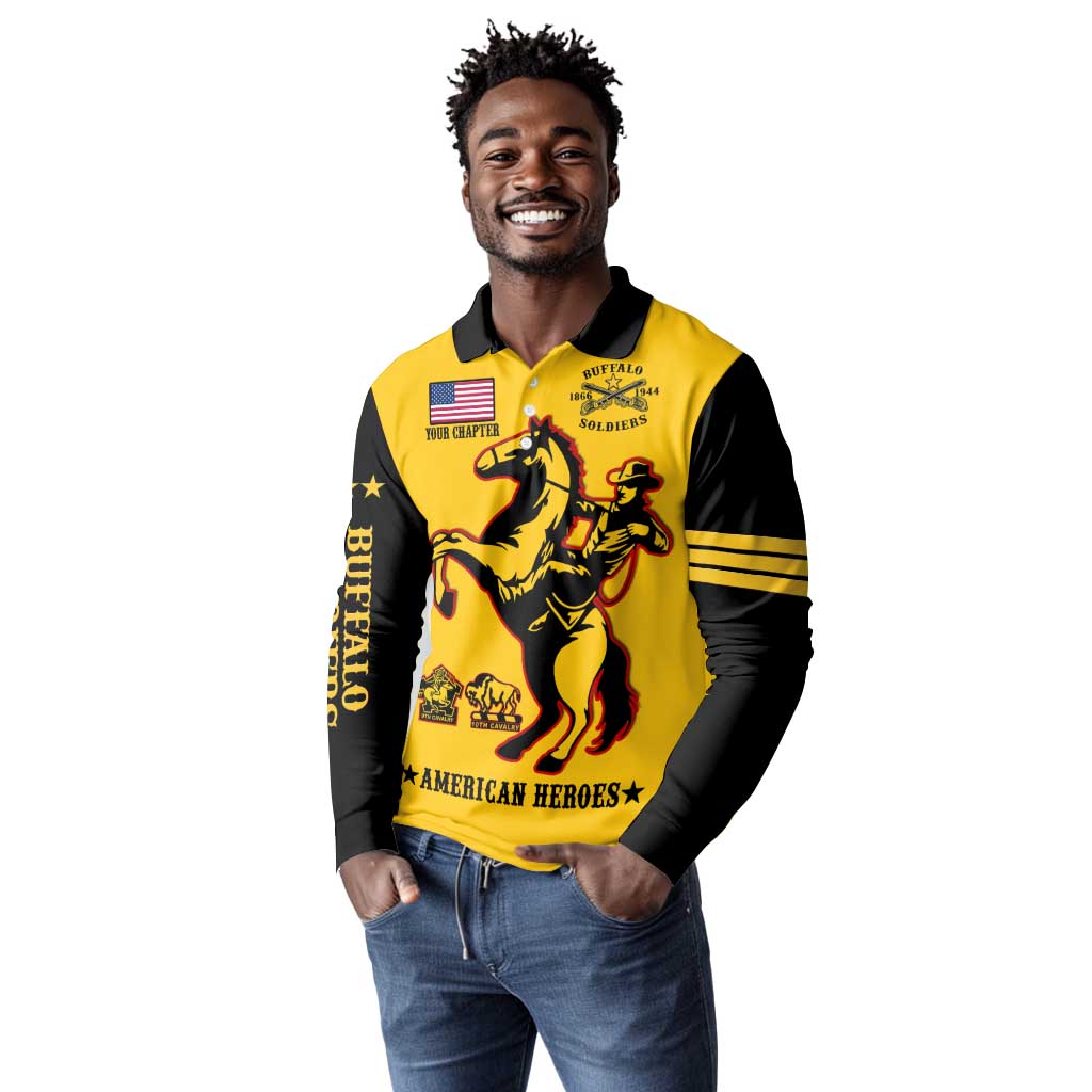 Personalized Afro Buffalo Soldiers Long Sleeve Polo Shirt BSMC United States Army Yellow