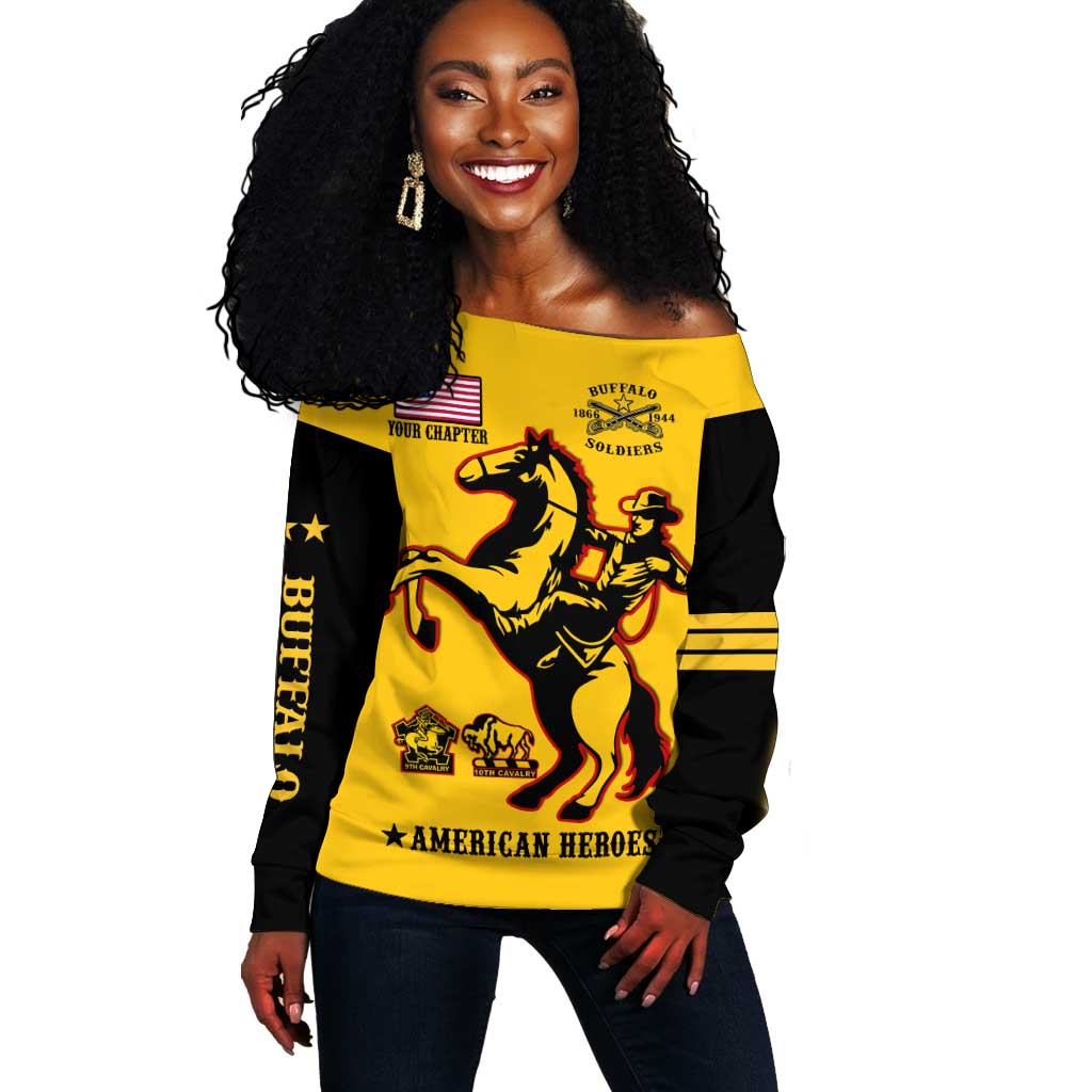 Personalized Afro Buffalo Soldiers Off Shoulder Sweater BSMC United States Army Yellow