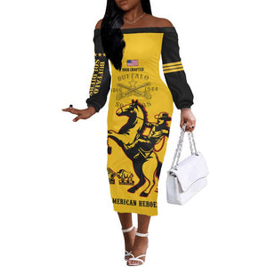 Personalized Afro Buffalo Soldiers Off The Shoulder Long Sleeve Dress BSMC United States Army Yellow