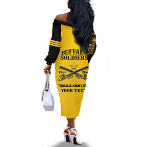 Personalized Afro Buffalo Soldiers Off The Shoulder Long Sleeve Dress BSMC United States Army Yellow