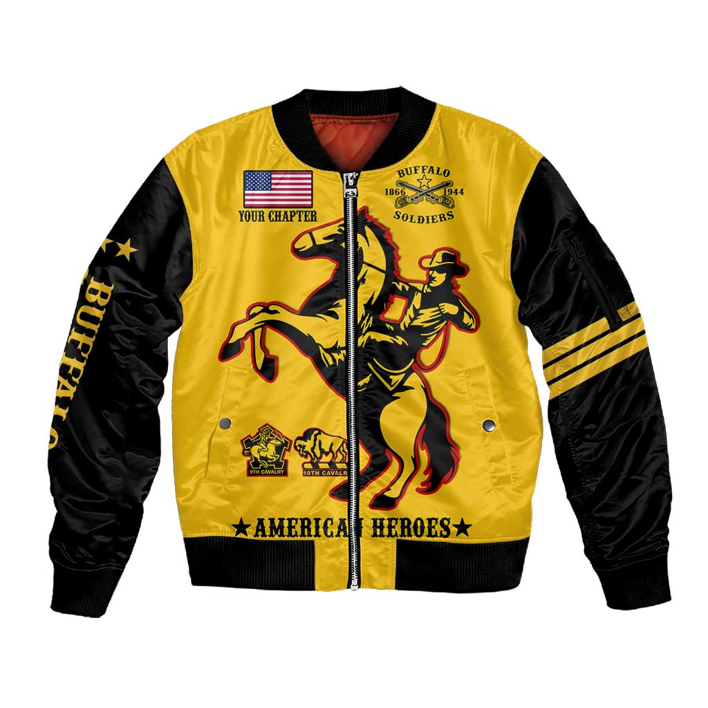 Personalized Afro Buffalo Soldiers Sleeve Zip Bomber Jacket BSMC United States Army Yellow