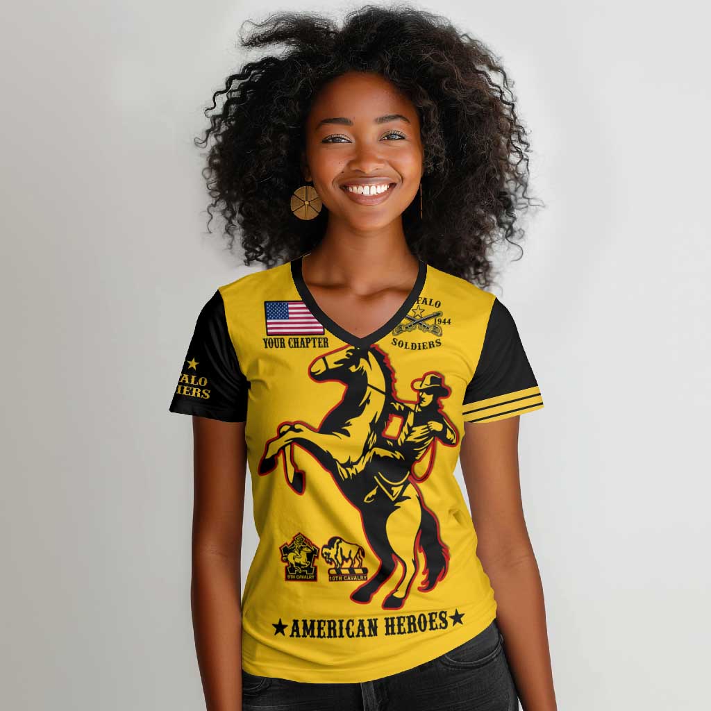 Personalized Afro Buffalo Soldiers Women V-Neck T-Shirt BSMC United States Army Yellow