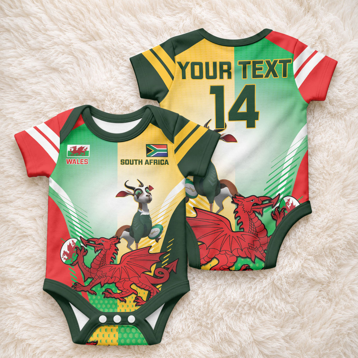 Custom South Africa And Wales Rugby Baby Onesie Springboks Welsh Mascots Dynamic Version