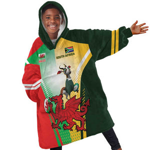 Custom South Africa And Wales Rugby KId Wearable Blanket Hoodie Springboks Welsh Mascots Dynamic Version