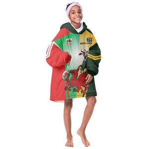 Custom South Africa And Wales Rugby KId Wearable Blanket Hoodie Springboks Welsh Mascots Dynamic Version