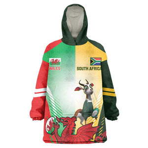 Custom South Africa And Wales Rugby KId Wearable Blanket Hoodie Springboks Welsh Mascots Dynamic Version