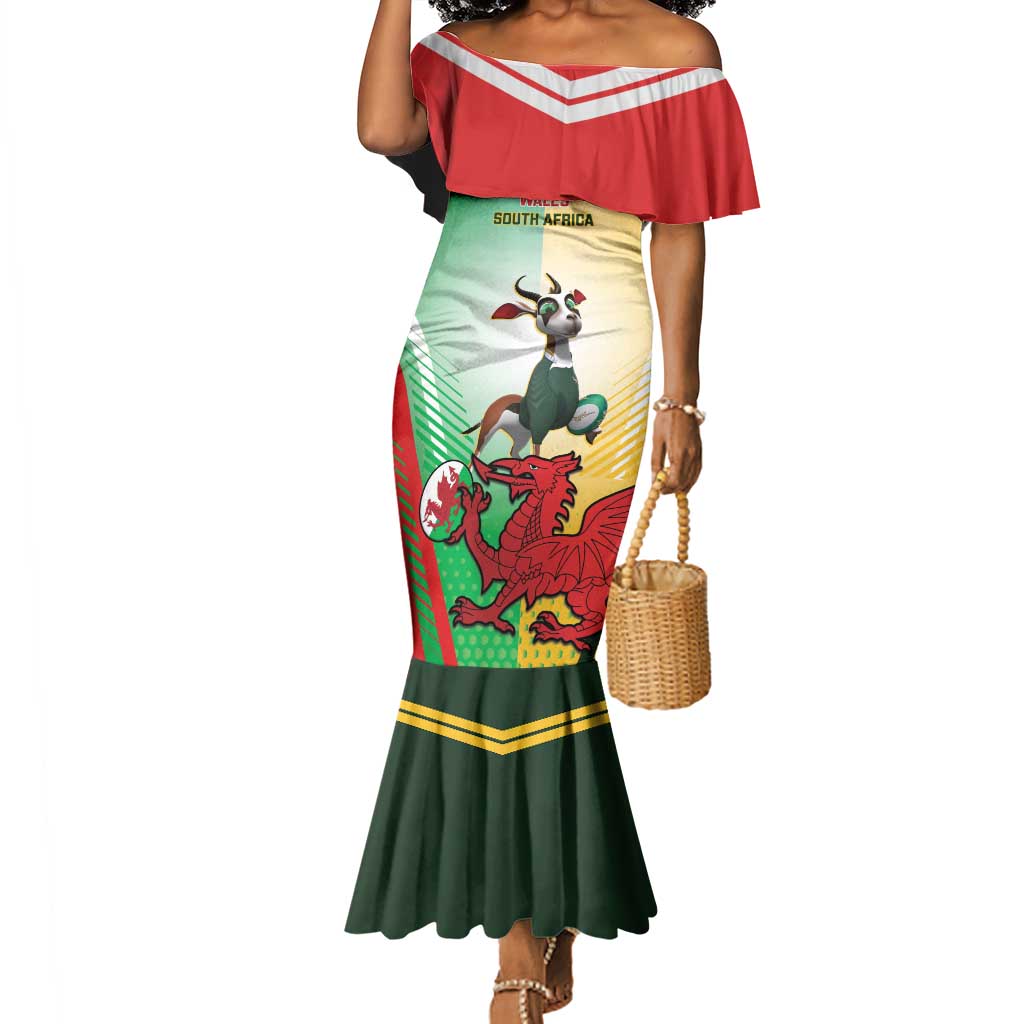 Custom South Africa And Wales Rugby Mermaid Dress Springboks Welsh Mascots Dynamic Version