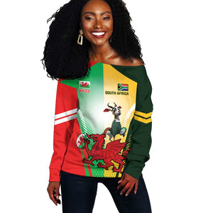 Custom South Africa And Wales Rugby Off Shoulder Sweater Springboks Welsh Mascots Dynamic Version