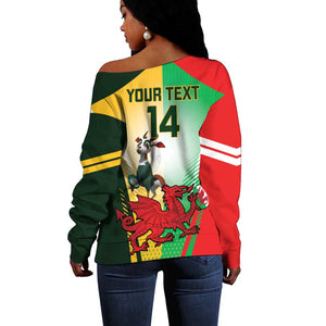 Custom South Africa And Wales Rugby Off Shoulder Sweater Springboks Welsh Mascots Dynamic Version