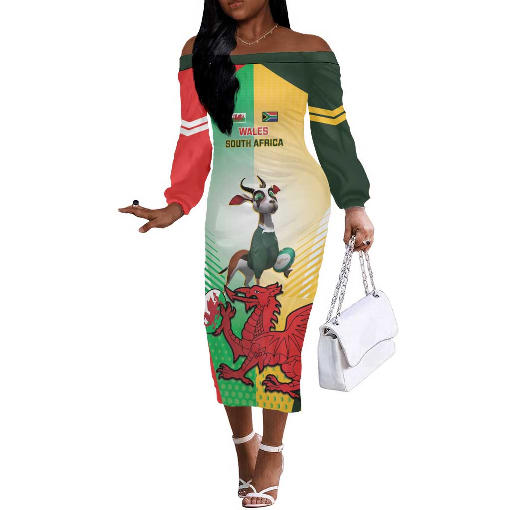 Custom South Africa And Wales Rugby Off The Shoulder Long Sleeve Dress Springboks Welsh Mascots Dynamic Version