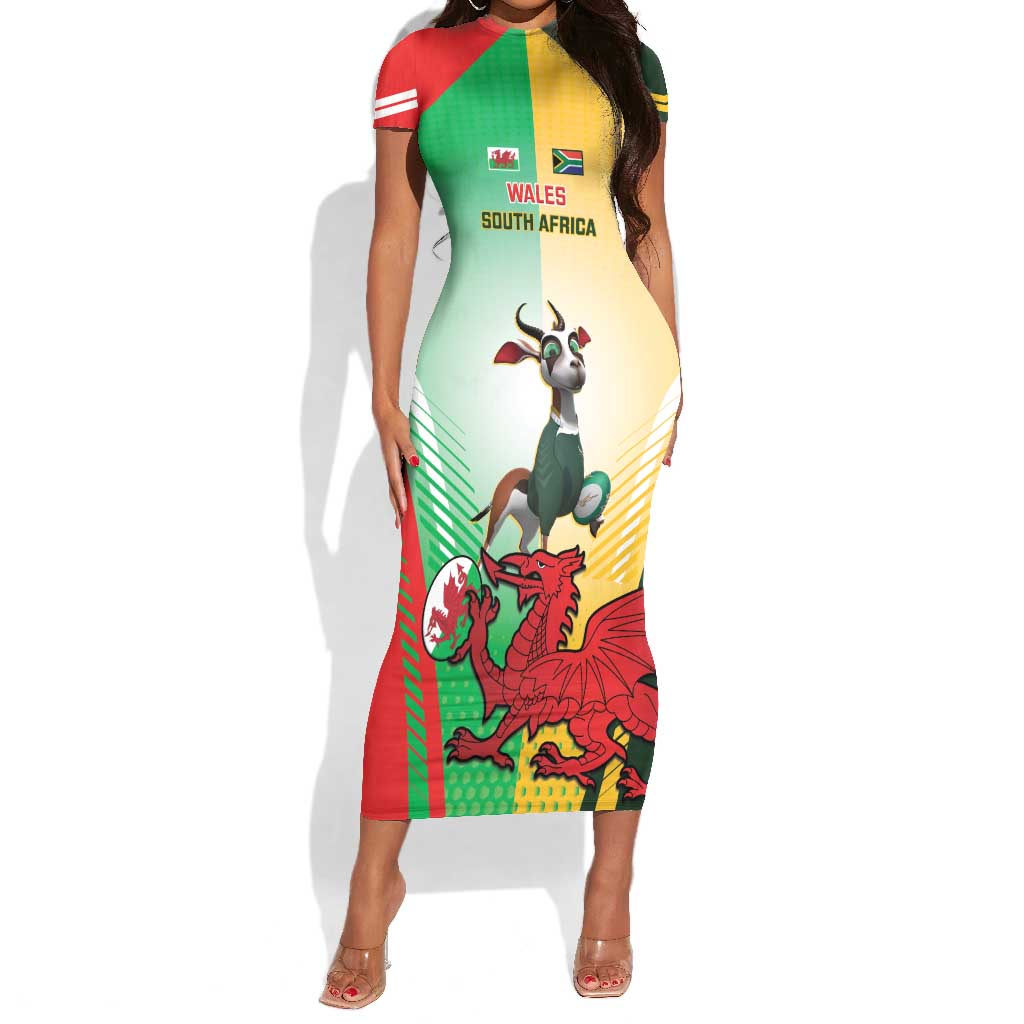 Custom South Africa And Wales Rugby Short Sleeve Bodycon Dress Springboks Welsh Mascots Dynamic Version