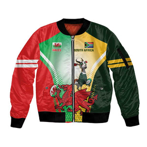 Custom South Africa And Wales Rugby Sleeve Zip Bomber Jacket Springboks Welsh Mascots Dynamic Version