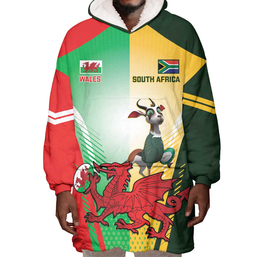 Custom South Africa And Wales Rugby Wearable Blanket Hoodie Springboks Welsh Mascots Dynamic Version