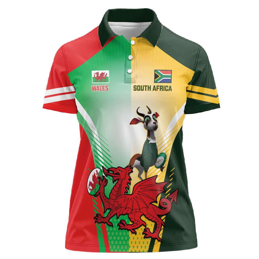 Custom South Africa And Wales Rugby Women Polo Shirt Springboks Welsh Mascots Dynamic Version