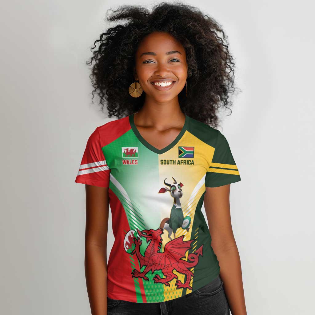 Custom South Africa And Wales Rugby Women V-Neck T-Shirt Springboks Welsh Mascots Dynamic Version