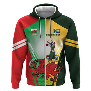 Custom South Africa And Wales Rugby Zip Hoodie Springboks Welsh Mascots Dynamic Version