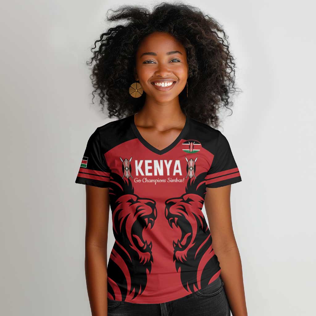 Custom Kenya Rugby Women V-Neck T-Shirt 2024 Go Champions Simbas - Red