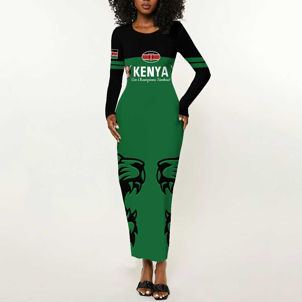 Custom Kenya Rugby Long Sleeve Bodycon Dress 2024 Go Champions Simbas - Green