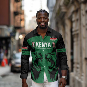 Custom Kenya Rugby Long Sleeve Button Shirt 2024 Go Champions Simbas - Green