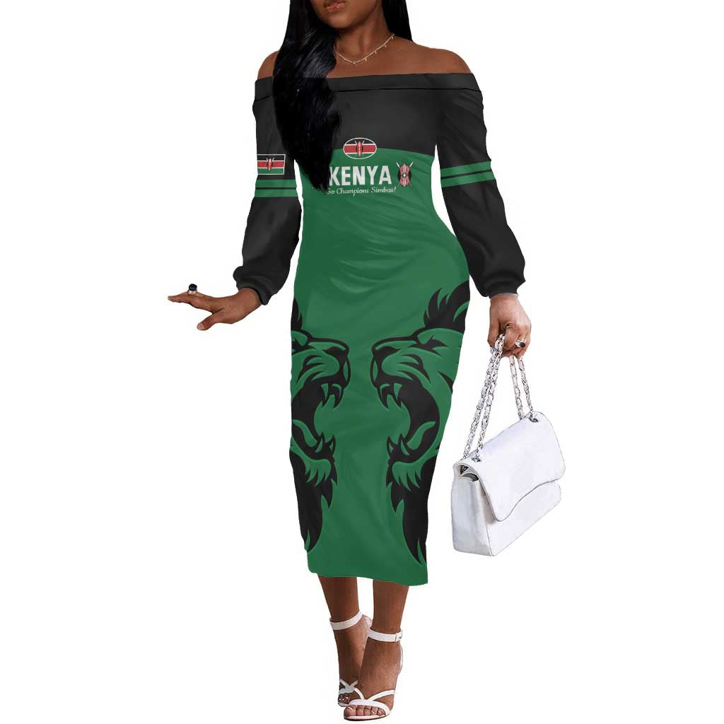 Custom Kenya Rugby Off The Shoulder Long Sleeve Dress 2024 Go Champions Simbas - Green