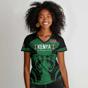 Custom Kenya Rugby Women V-Neck T-Shirt 2024 Go Champions Simbas - Green