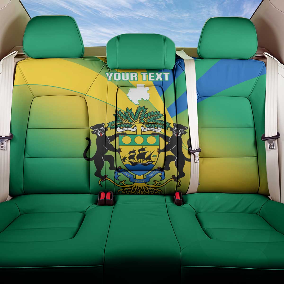 Presonalised Gabon Back Car Seat Cover Coat Of Arms With Flag Gradient Style