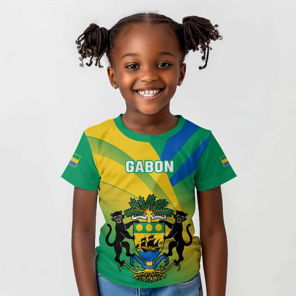 Presonalised Gabon Kid T shirt Coat Of Arms With Flag Gradient Style