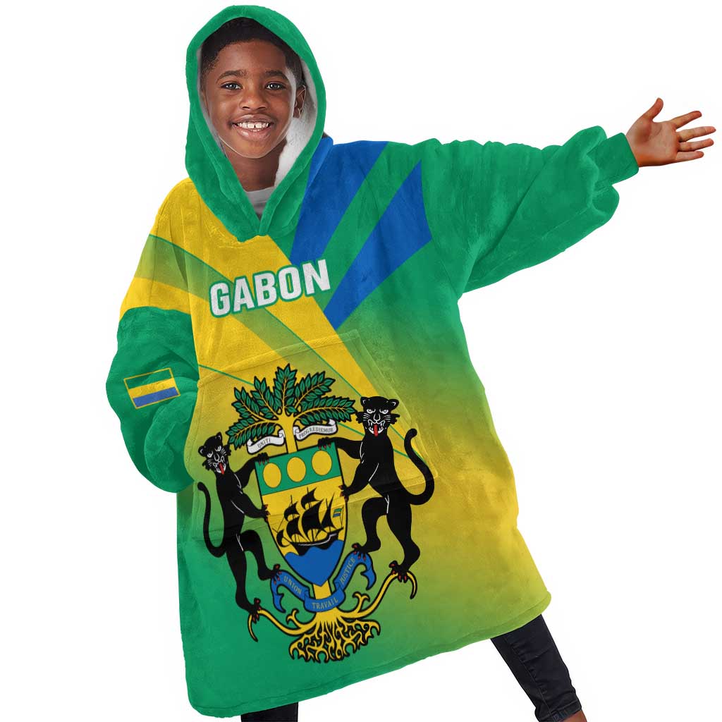 Presonalised Gabon KId Wearable Blanket Hoodie Coat Of Arms With Flag Gradient Style