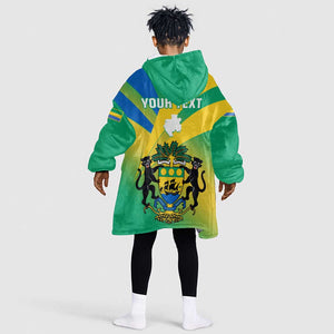 Presonalised Gabon KId Wearable Blanket Hoodie Coat Of Arms With Flag Gradient Style