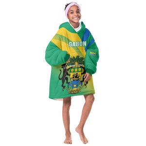 Presonalised Gabon KId Wearable Blanket Hoodie Coat Of Arms With Flag Gradient Style