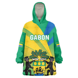 Presonalised Gabon KId Wearable Blanket Hoodie Coat Of Arms With Flag Gradient Style