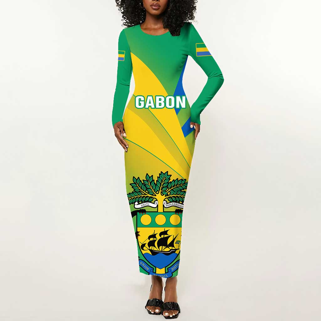 Presonalised Gabon Long Sleeve Bodycon Dress Coat Of Arms With Flag Gradient Style