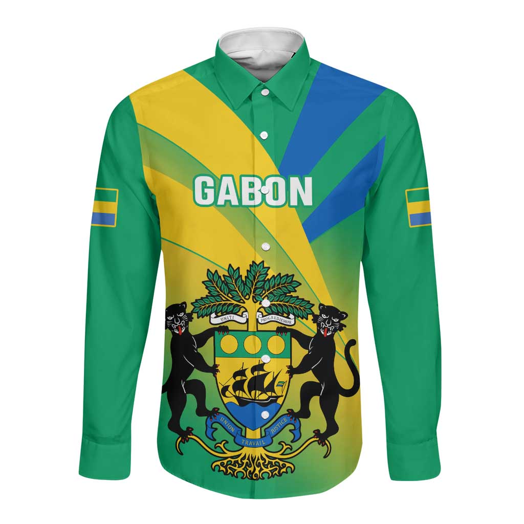 Presonalised Gabon Long Sleeve Button Shirt Coat Of Arms With Flag Gradient Style