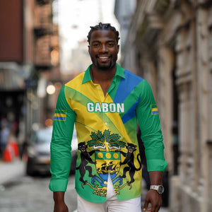 Presonalised Gabon Long Sleeve Button Shirt Coat Of Arms With Flag Gradient Style