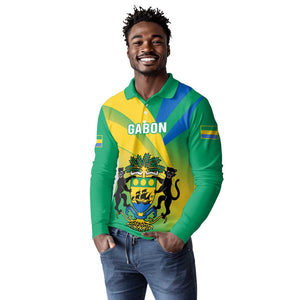 Presonalised Gabon Long Sleeve Polo Shirt Coat Of Arms With Flag Gradient Style