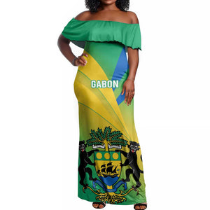 Presonalised Gabon Off Shoulder Maxi Dress Coat Of Arms With Flag Gradient Style