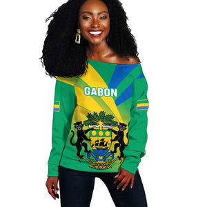 Presonalised Gabon Off Shoulder Sweater Coat Of Arms With Flag Gradient Style